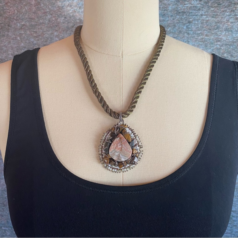 Bead Embroidered Desert Druzy Pendant Necklace